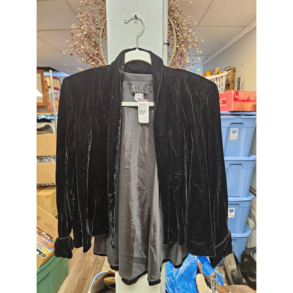 Alex Evenings Black Velvet Open Front Jacket M Vintage Made in USA NWT 9821